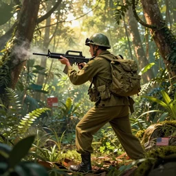 a USA soldier is looking at the jungle in the Vietnam war, dynamic composition, cinematic lighting, warm and vibrant colors, art by Sam Weber and Michael C Hayes, 8k, trending on artstation, hyper detailed, cinematic