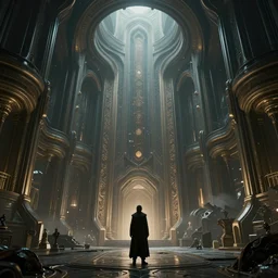 portal to another world of lovecraft, Great Hall of Celeano, Marc simonetti, Detective, Zaha Hadid, detailed futuristic architecture, Maya render, raytracing, epic cinematography, in the style of Lord of the Rings, Weta Digital, Wētā FX