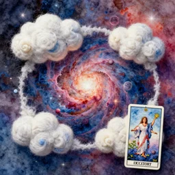 a ultradetailed watercolor art of space nebula with wool felting clouds illustration by nico delort, colorful background, 4 k resolution, high detailed, matte painting, tarot card style, nasa photo