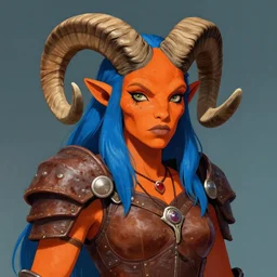 illustrated portrait of ugly ram-horned woman with orange skin and blue hair wearing leather armor