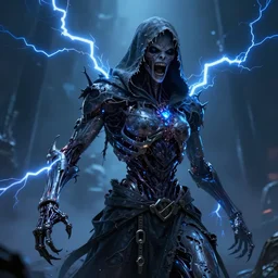 character design, screaming biomechanical arcanist, tattered hood, blue lightning, scary, arrogant, photorealistic, cinematic, hyper realistic, octane render, 8 k, wide angle