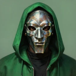 portrait of mf doom, steel mask, green hood, intricate, elegant, highly detailed, digital painting, artstation, concept art, smooth, sharp focus, illustration, by anato finnstark, boissb - blanca. j, cindy avelino, clint cearley, anna podedworna
