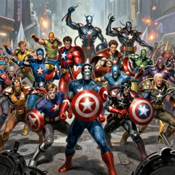 a large-scale battle of Marvel superheroes against DC villains, epic, cinematic lighting, matte painting, detailed, hyperrealistic, by Peter Max, ross tran, John
