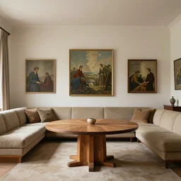 a room with a wooden table and a big sofa and paintings on the wall, 1 9 6 0 s, high quality, 8 k, architecture, symmetrical, harmonious, complementary colors, calm, high coherence, natural lighting, path traced, highly detailed, hyperrealistic, concept art, octane render, unreal engine 5, trending on artstation, beautiful, elegant