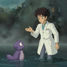 hyperrealist studio ghibli cartoon of a skinny grey scientist talking to a small purple alien from howl's moving castle ( 2 0 0 4 ). flooded, moody, misty, depth perception.