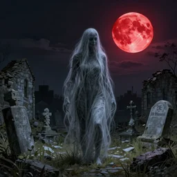 the spirit of the west, ghostly creature, ruined graveyard, nightime, highly detailed, artwork by dan mumford, blood red moon