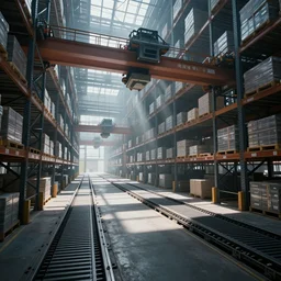 futuristic warehouse, automated cranes and belts