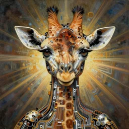 half - length portrait human giraffe goddess made from infinite assembly lines with cyborg's heads by rutkowski simonetti symmetrical eyes well proportional dramatic expressive by wangechi mutu, by yoshitaka amano, mucha, curcuits dyods silver