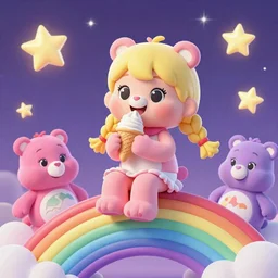adorable little albino girl with blonde dreads eating ice cream, smiling, sitting on top of a rainbow, high quality, fantasy, stars, rainbow, care bear land with my little pony vibes, concept art