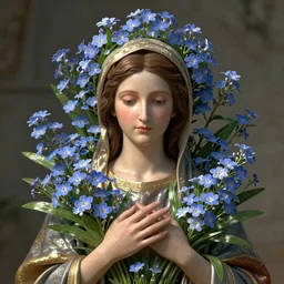 goddess of nemophila flowers portrait, amalgamation of leaves and flowers, orthodox saint, beautiful raking sunlight, nemophila flowers, no hands. intricate artwork by Hsiao-Ron Cheng. octane render, trending on artstation, greg rutkowski. cinematic, hyper realism, high detail, octane render, 8k