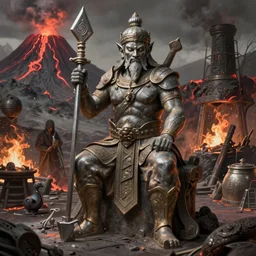 ancient smith god, volcanic workshop background, highly detailed, digital painting, artstation, concept art, sharp focus, illustration, art by aleksi briclot and greg rutkowski and raphael lacoste and magali villeneuve