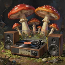 A realistic painting of a vintage record player and speakers, with giant psychedelic mushrooms growing out of it, in a post apocalyptic setting, ghibli, unreal 5, DAZ, hyperrealistic, octane render, RPG portrait, dynamic lighting