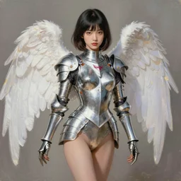Worksafe, fully clothed. Painting of sexy, young, gentle and cute armored angel girl, posing in leotard and chrome, by Frank Frazetta, Boris Vallejo, Larry Elmore, Julie Bell, Keith Parkinson, Salvador Dali, Hajime Sorayama, Ayami Kojima and lyde Caldwell, trending on ArtStation.