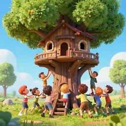 full body 3d render of The battle for the treehouse, small group of kids trying to take a treehouse from another small group of kids , blender, trending on artstation, 8k, highly detailed, disney pixar 3D style