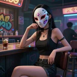 cyberpunk anime girl sit in a night bar, cyberpunk oni mask, 3 / 4 shot, street night, beautiful face, grafity, arcane, detail, good face, pose model, concept art, in style of yoji shinkawa, pan ren wei, col price, atey ghailan, by greg rutkowski, aesthetic, digital painting, 3 d