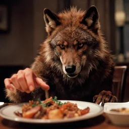 film still of a funny looking werewolf with his hand extended, looking at food, in an american werewolf in london