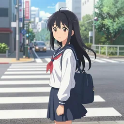 a beautiful girl with long hair on japanese uniform high school waiting on a crosswalk, urban city background, digital art, 8 k, makoto shinkai style