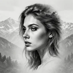 tattoo design sketch of a beautiful woman face against a faded background of beautiful mountains on her side, hyper - realistic, double exposure effect, in the style of den yakovlev, amazing detail, black and white, faded