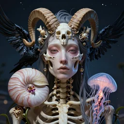 hyperrealism, night background, super zoom, goddess close - up portrait real human skeleton nautilus ram skull jellyfish!! phoenix crow wings! giant orchid!! artwork by tooth wu and wlop. octane render, trending on artstation, greg rutkowski cinematic, hyper realism, high detail, octane render, 8 k