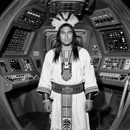 portrait of Iroquois warrior standing in front of a space ship command center, cockpits with a lot of buttons, complex machinery, space ship interrior nostromo style, ornaments and tribal decorations, black and white old photo, vintage