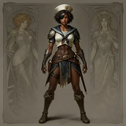 female sailor, full body shot, eyepatch, dark skin, d & d, fantasy, intricate, intimidating, highly detailed, digital painting, artstation, concept art, matte, sharp focus, illustration, hearthstone, art by artgerm and greg rutkowski and alphonse mucha