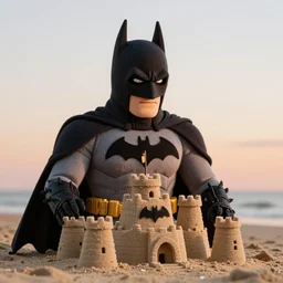 a photorealistic image of a large knitted batman guarding his sandcastle batcave during sunset at the beach Trending on artstation, featured on Behance, well-rendered, Unreal Engine, 4K HD