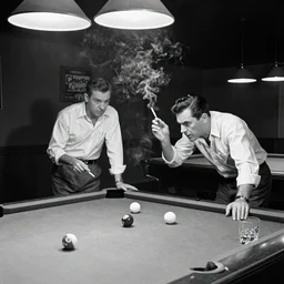 From the 1964 photo collection “Cheaters Lives” one man accuses another man of cheating at pool in a midnight pool hall. Angry argument. Cigarette smoke hangs in the air. There are glasses of scotch on the edges of the pool table. Black and white photo by Ian Berry, 1964. Vintage. Americana.