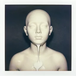 watercolor, a liquid white clay porcelain portrait of a face melt down flow go runny, body painted with white thick fluid, realistic detailed polaroid, grainy image, contrast