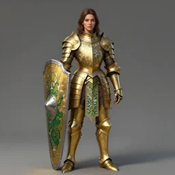 full body portrait of a female warrior medium length brown hair and a very very highly detailed face wearing elegant golden plate mail armor intricately painted with green and white white accents, holding a rectangular tower shield, rendered in octane, artstation, cgsociety, realistic character concept art, sharp focus, by greg rutkowski, artgerm, and alphonse mucha