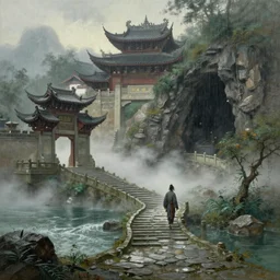 a gorgeous landscape painting by barlowe wayne, maxfield parrish and marco mazzoni. chinese temple. rainy mood!! a lonely chinese wuxia walks on the winding stone steps, stone gate to the dark cave, 3 d, octane render, turbulent lake, fog, 8 k.