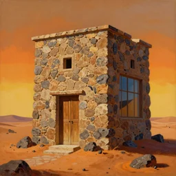a surrealist painting of a melting lava stone building with wooden doors and a glass window. on a hill in the spanish sahara in the scorching sun, in the style of hopper