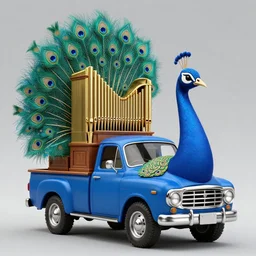 peacock - shaped steampunk peacock - shaped pickup truck with a tall brass baroque pipe organ on the back with blue, very tall brass organ pipes, organ pipes splayed in the back, green and purple, brass peacock, pipeorgan, hyper realism, rendered in unreal 5 octane