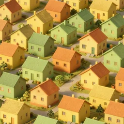 village, houses with faces, yellow, green, orange, naive, detailed