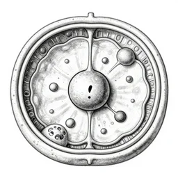 a beautiful, text book, black and white drawing of the inside of an eukaryotic cell with a single!! nucleus in the center by picasso