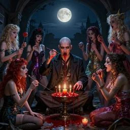 midnight moonlight underground photorealistic detailed matte painting portrait of wan! bald british man surrounded by tweakers!! addicts!! groupies! performing ritual blood!! magic! greg rutkowski artstation hdr vivid color vaporwave ( ( ( alphonse mucha ) ) )