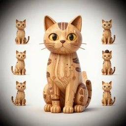 wooden cat design, character sheet, Moebius, Greg Rutkowski, Zabrocki, Karlkka, Jayison Devadas, Phuoc Quan, trending on Artstation, 8K, ultra wide angle, zenith view, pincushion lens effect.