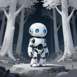 a small glossy white cybernetic robot stands on the ground on a low flat boulder in a forest of white trees at night. cyril roland naomi okubo. trending on artstation. digital painting.
