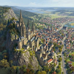 an ultra detailed matte landscape painting of an german medieval capital city built into the side of a mountain, gothic architecture, sweeping vista, a large highway leading to tiny coastal fishing village very far away, ultrawide lens, aerial photography, 8 k, volumetric lighting, smooth, highly detailed, digital illustration, art by greg rutkowski and akira toriyama and artgerm