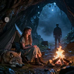 a realistic detail of a camp, portrait, a pretty girl dress clock sit in the cave, red wolf sleep next to the born fire,, abandoned, shining star, traveller, raining, mist by Julian calle, Leonardo Calamati, wlop, Dylan cole, Erak note, Denis Villeneuve, Ben Nicholas, Anton Fadeev, thomas kinkade, rutkowski, Finnian MacManus, Syd Mead, Trending on artstation, blue and black scheme, 8k, Unreal Engine