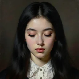a detailed oil portrait of a beautiful pale skin girl with long balck hair hairstyle, closed eyes with very long eyelashes are turned down, small nose with piercing ring in a white lace collar shirt, big lips, by francisco goya