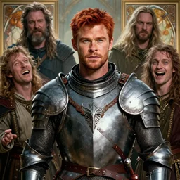 stunning portrait of red haired chris hemsworth as destruction from sandman looking like kristofer hivju, medival armour, by frank moth, by jeremy mann, by alphonse mucha, dave mckean, laugthing, soft lightning, high detailed, 8 k