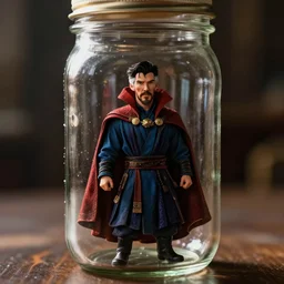 A tiny shrunken Doctor Strange contained in a glass mason jar, film still
