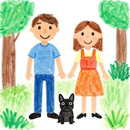 two lovers and a black french bulldog, kid's drawing
