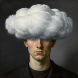portrait of a man whos head is a cloud, his head is hidden with cloud, by rene magritte, detailed painting, hd, hq, high resolution, high detail, 4 k, 8 k