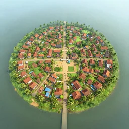 kerala village, Greg Rutkowski, Zabrocki, Karlkka, Jayison Devadas, trending on Artstation, 8K, ultra wide angle, zenith view, pincushion lens effect