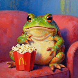 hyper realistic oil painting of toad watching a tv movie eat popcorn chill on the couch, vibrant colors, high contrast, by greg rutkowski, trending on artstation, caricaturist digital art