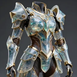 hyper realistic photography of a translucent glorious obsidian metal armor, futuristic design, portrait, cyberpunk style, wood and gold details, intricate, extremely detailed, ornate, deep of field, nikon photography