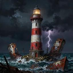 a scene of a ruined lighthouse in an open sear surrounded by old ones, night sea storm, ship wreckage, lightning, highly detailed science fiction painting by norman rockwell, frank frazetta, and syd mead. rich colors, high contrast, gloomy atmosphere, dark background. trending on artstation