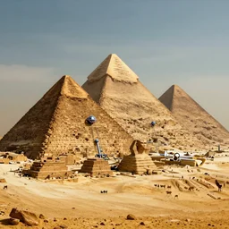 Aliens building the pyramids in Egypt with high-tech tools, digital art, detailed