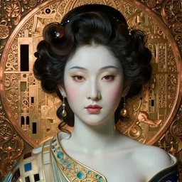 face centered portrait, artwork by james jean, hyperdetailed realistic smooth polished porcelain, beautiful tibetan empress, jean delville, art nouveau, gustav klimt, ornate copper patina gothic icon, james jean, ultrasharp hyperdetailed photorealistic octane render
